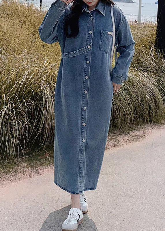 Denim Blue Peter Pan Collar Patchwork Button Long Dress Fall