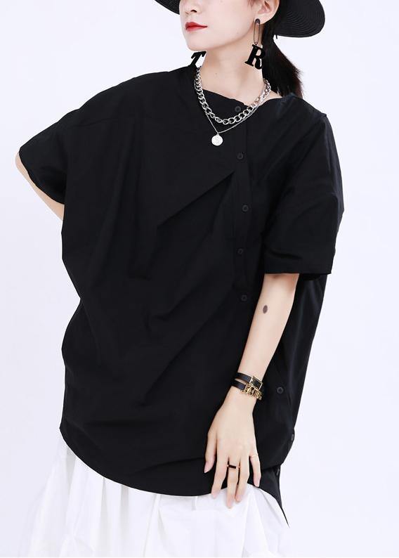 Black O-neck Button Cotton Top Summer