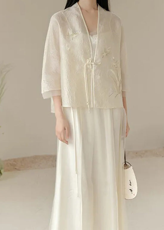 Chinese Style White V Neck Embroideried Tasseled Silk Two Piece Set Outfits Fall