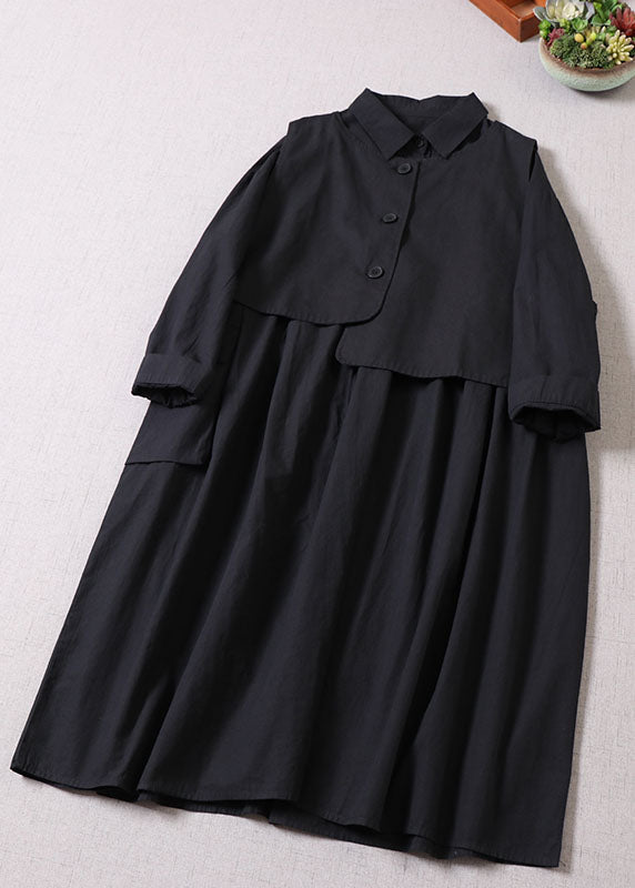 Loose Black Asymmetrical Pockets Cotton Two Pieces Set Dress + Vest Spring