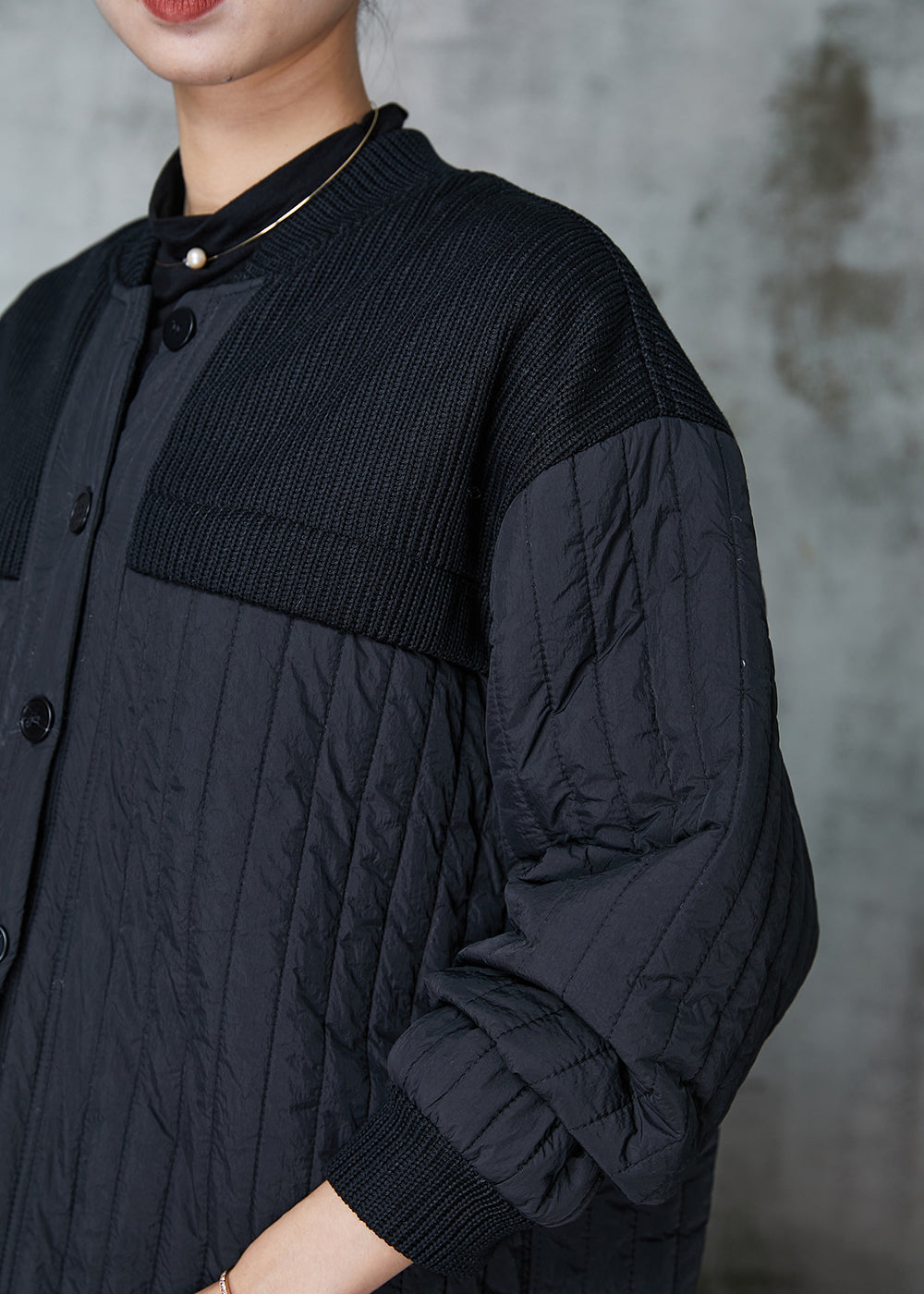 Black Stand Collar Patchwork Fine Cotton Filled Jackets Spring