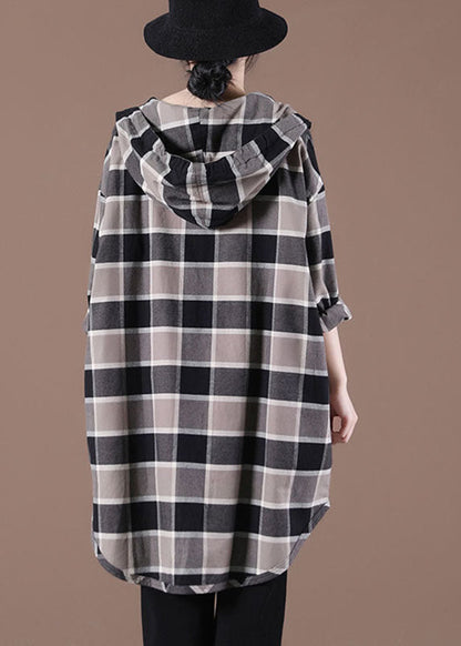 Handmade Khaki Plaid Hooded Drawstring Button Fall Shirt Top