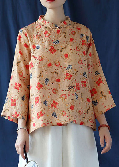 Khaki Button Print Linen Shirt Tops Three Quarter Sleeve