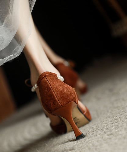 Coffee Suede High Heels Splicing Beading Bow