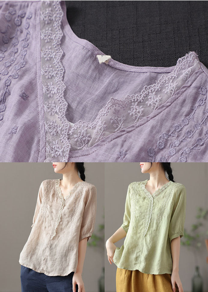 Purple V Neck Embroideried Linen Blouse Tops Half Sleeve