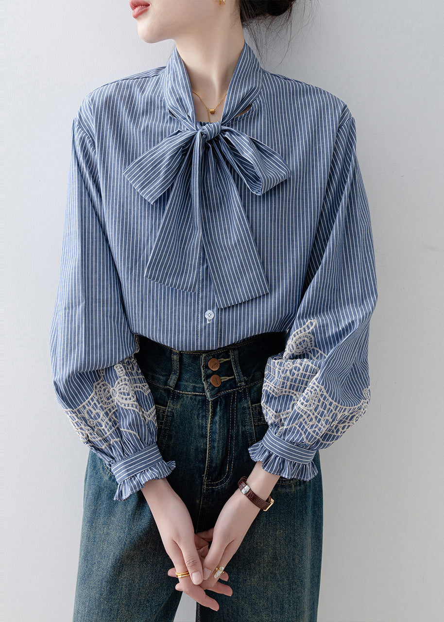 Blue Striped Bow Cotton Blouses Lantern Sleeve