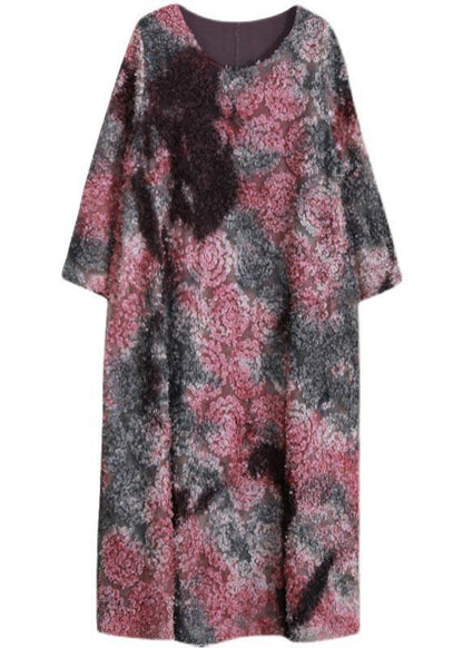 Loose Purple Print Clothes O Neck Tie Waist Art Spring Dress