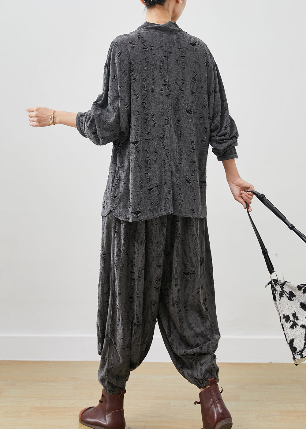 Grey Turtle Neck Cotton Ripped Two Pieces Set Spring