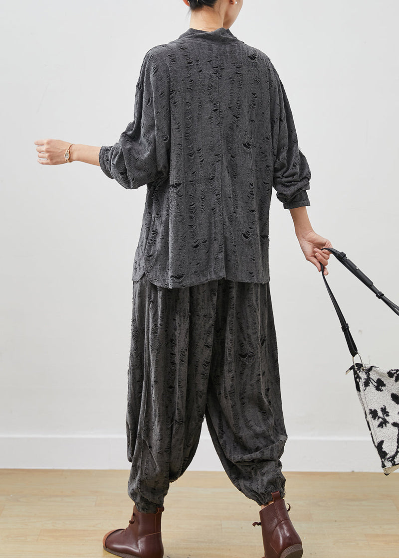 Grey Turtle Neck Cotton Ripped Two Pieces Set Spring