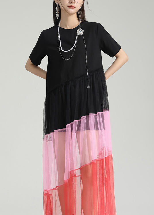 Colorblock O Neck Wrinkled Patchwork Tulle Dresses Summer