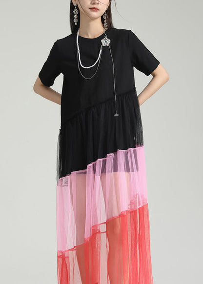 Colorblock O Neck Wrinkled Patchwork Tulle Dresses Summer
