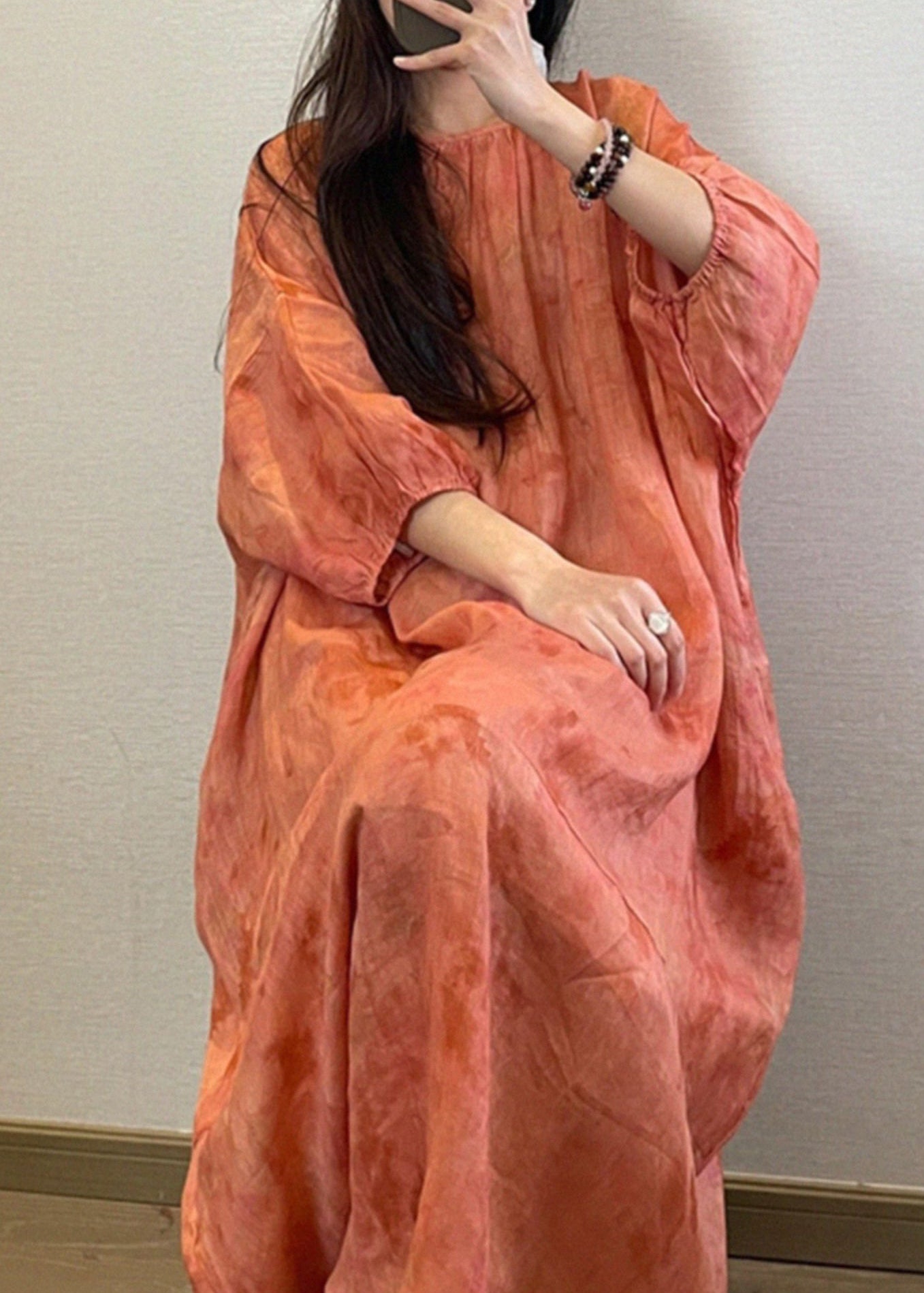 Boutique Orange O-neck Print Maxi Dresses Long Sleeve