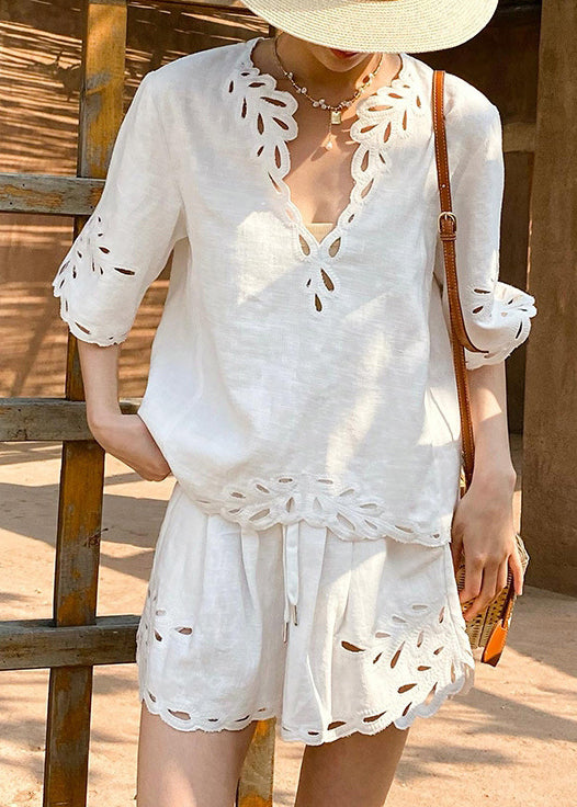 French White V Neck Hollow Out Tops and Shorts Linen Two Pieces Set Half Sleeve