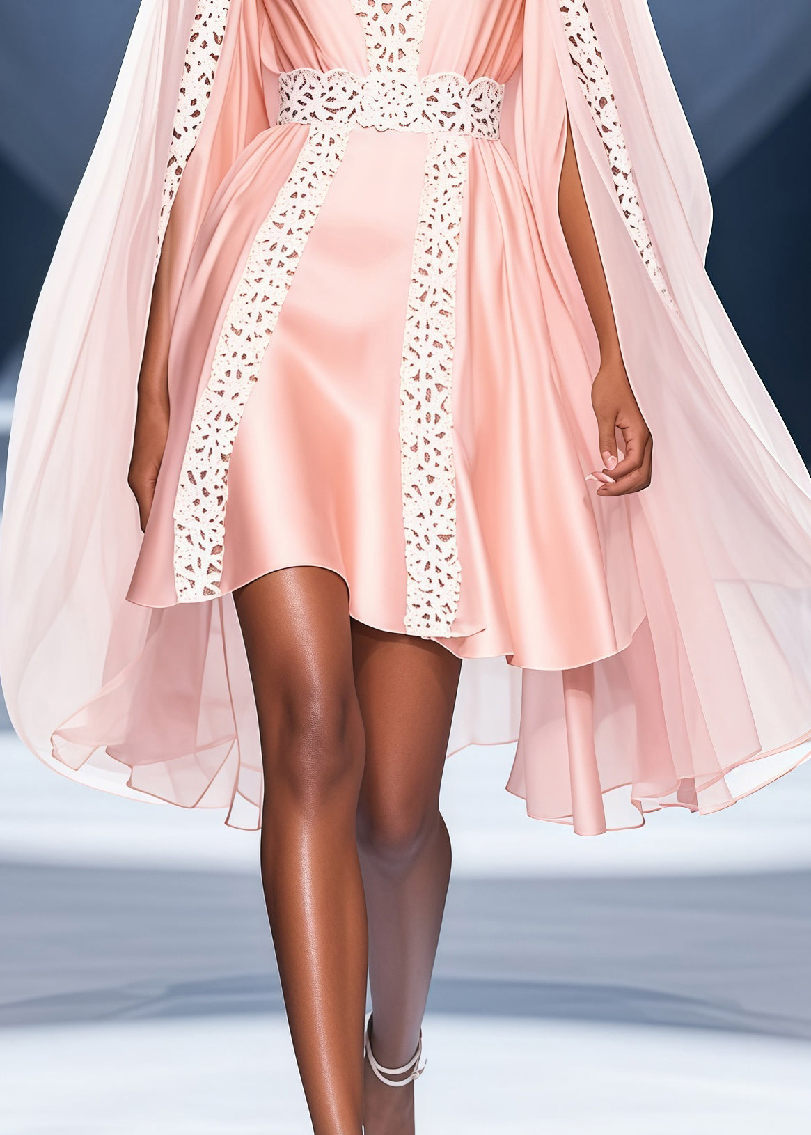 Pink V Neck Lace Patchwork Cloak Silk Party Dress Summer