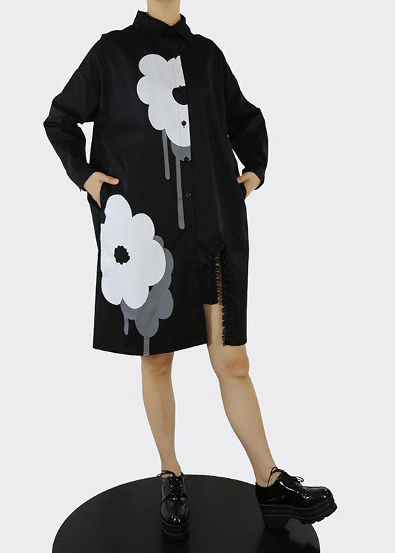 Black Asymmetrical Design Ruffled Shirt Dresses Spring