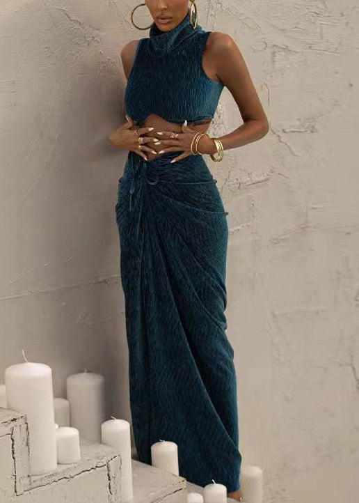 French Navy Turtleneck Lace Up Cotton Two Piece Set Sleeveless