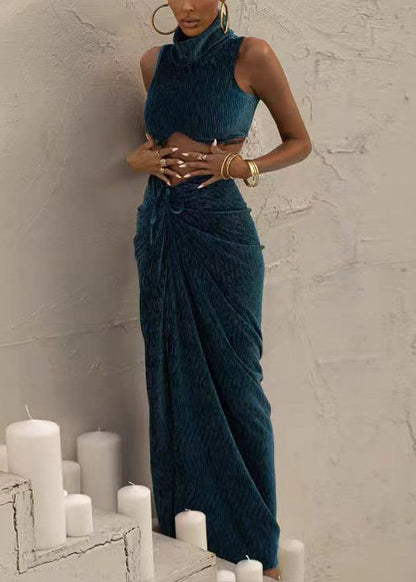 French Navy Turtleneck Lace Up Cotton Two Piece Set Sleeveless