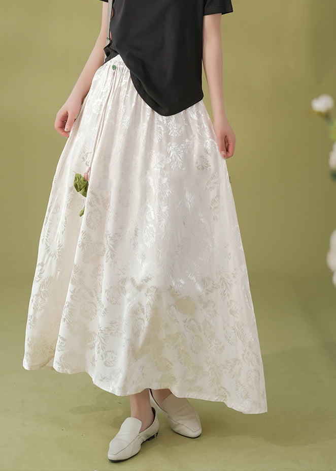 Loose White Print Elastic Waist Satin a Line Skirt Fall