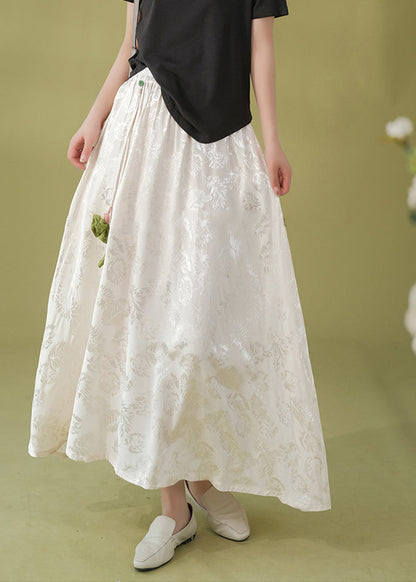 Loose White Print Elastic Waist Satin a Line Skirt Fall