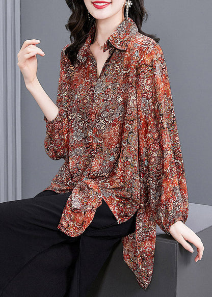 Red Peter Pan Collar Button Print Side Open Chiffon Shirt Tops Long Sleeve