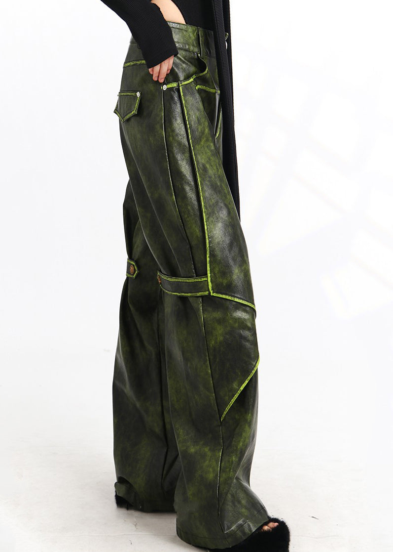 French Green Pockets High Waist Faux Leather Pants Spring