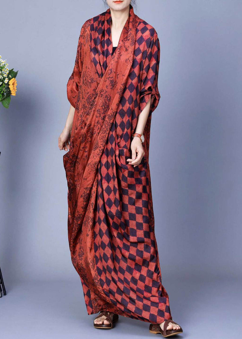 Orange V Neck Plaid Silk Long Dress Long Sleeve