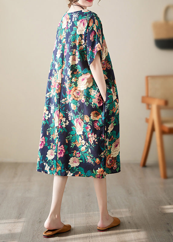 Handmade Navy Blue O-neck Print Cotton Long Dress Short Sleeve