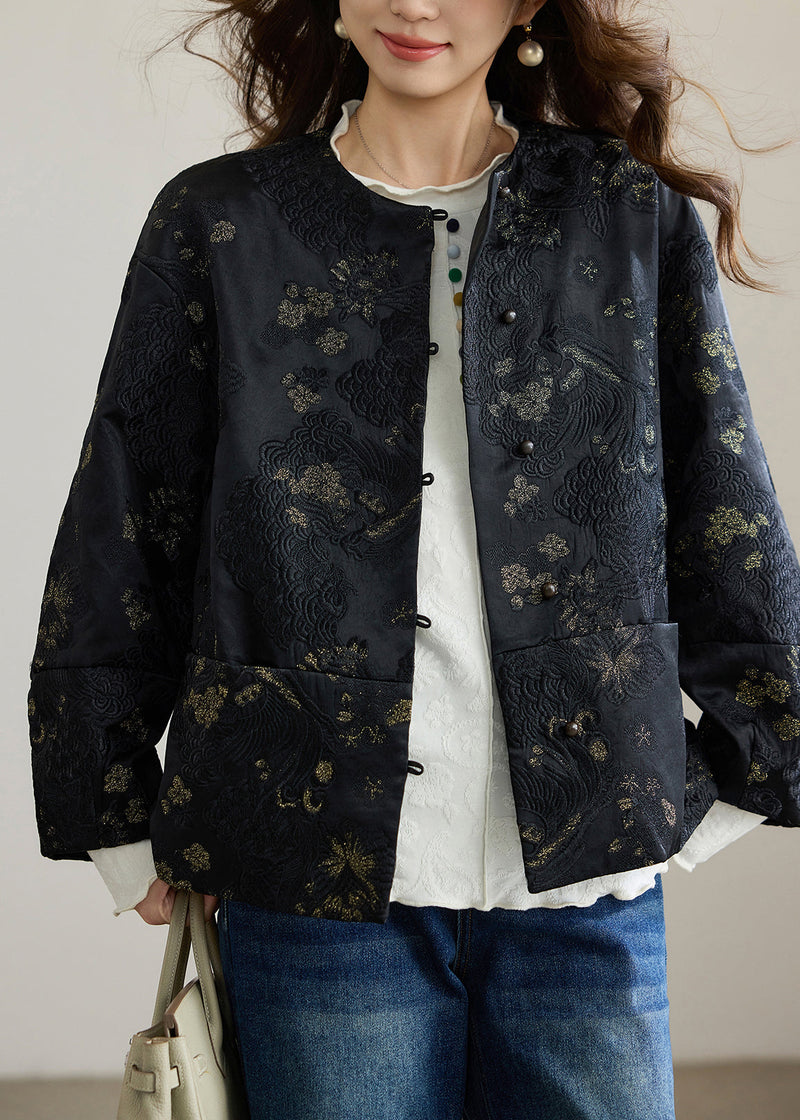 Black Embroidered Patchwork Silk Oriental Coats Spring
