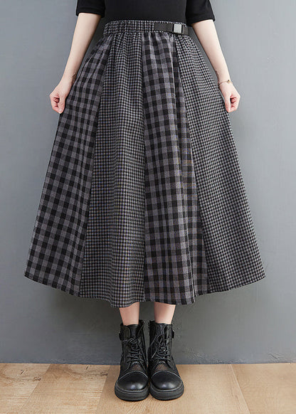 Simple Black Plaid Elastic Waist Patchwork a Line Skirt Spring