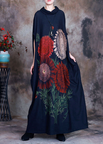 Blue Turtle Neck Print Velour Robe Dresses Spring