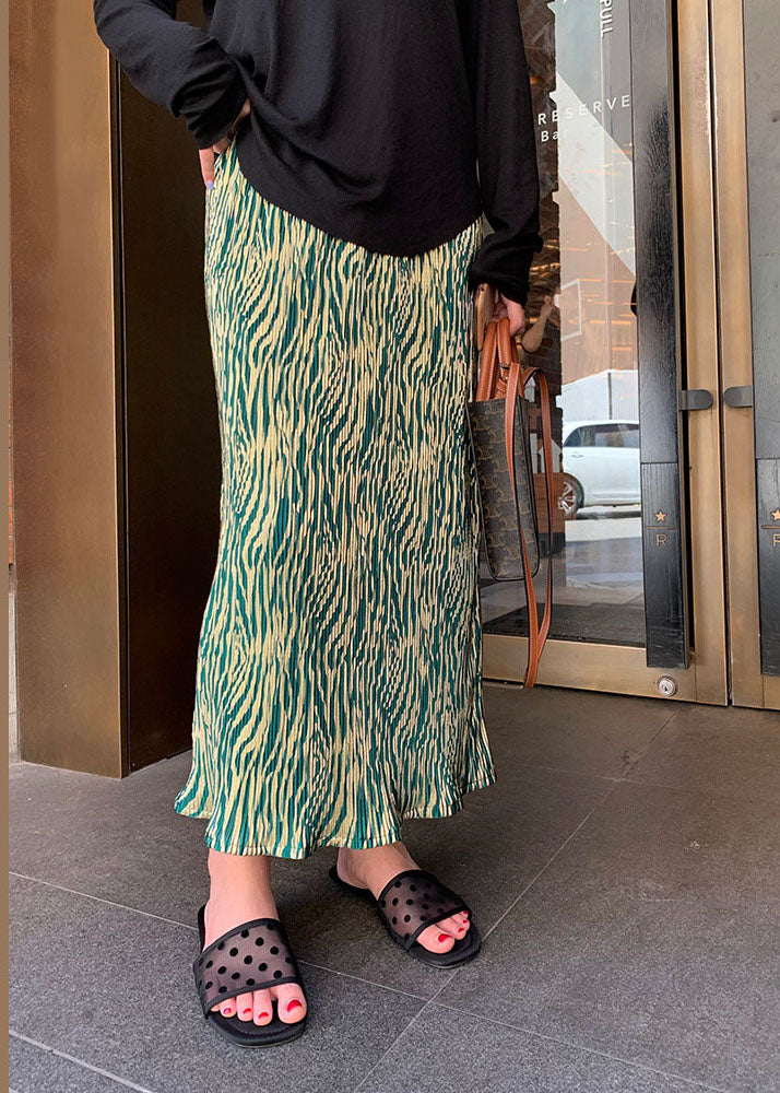 Green Wrinkled Striped Silk Skirt Summer