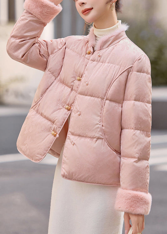 Pink Mandarin Collar Patchwork Mink Hair Duck Down Winter Coats