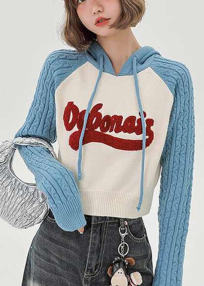 Blue Hooded Patchwork Jacquard Knit Sweatshirts Top Spring