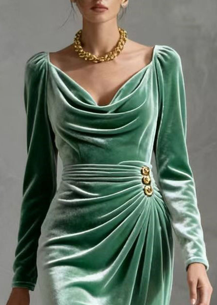 Unique Lake Green Wrinkled Silk Velvet Tea Dress Spring