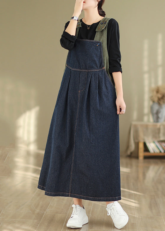 Navy Button Wrinkled Denim Long Dress Sleeveless