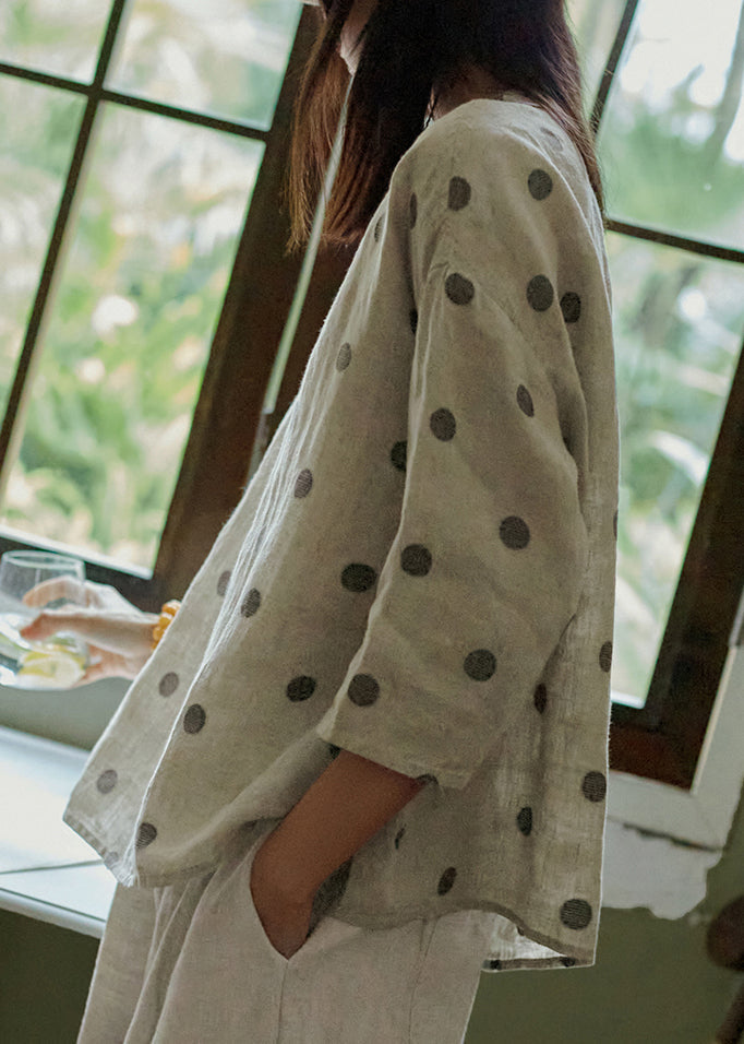 O Neck Dot Jacquard Linen Blouse Tops Bracelet Sleeve
