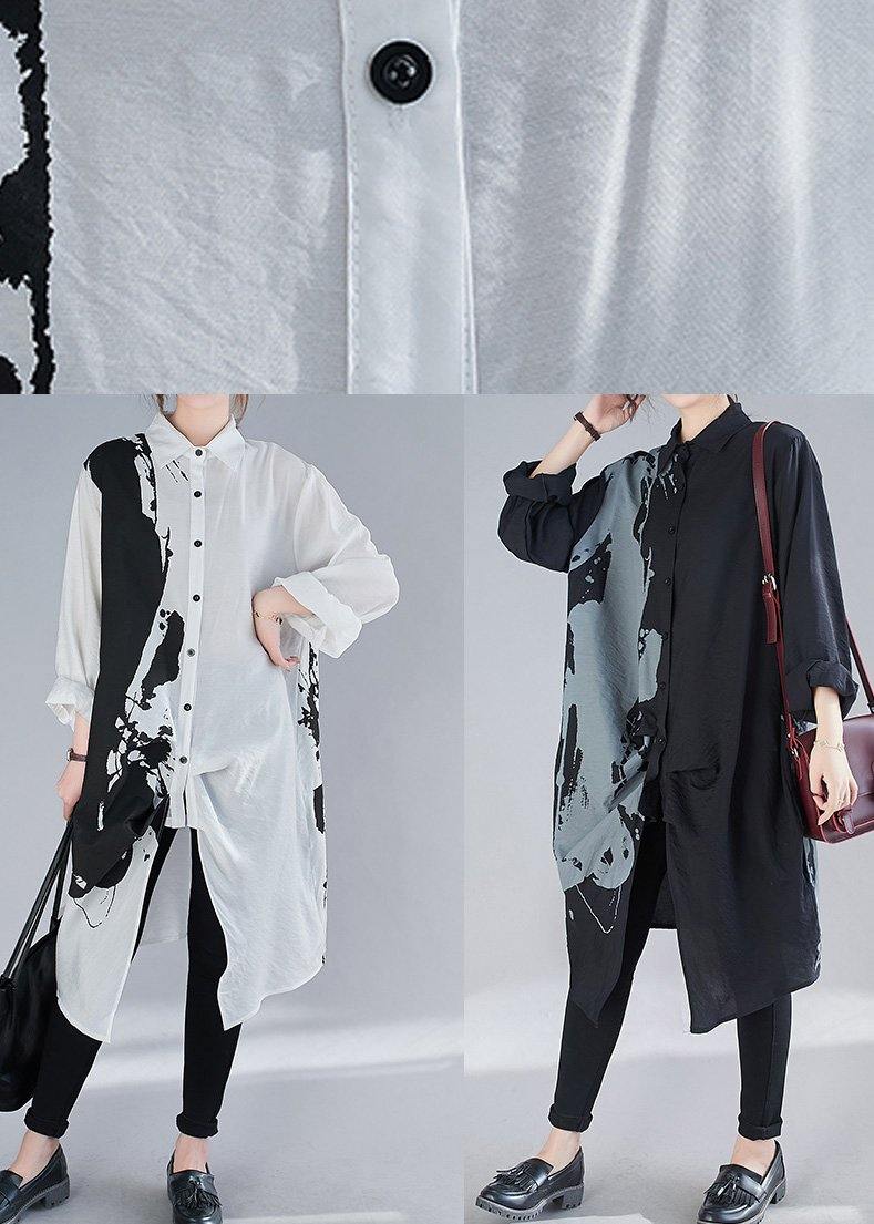 Organic Black Print Dresses Lapel Patchwork Loose Spring Dress