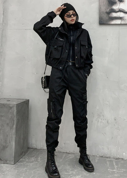 Art Black Stand Collar Pockets Button Fall Coat Long Sleeve