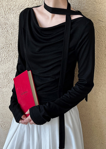 Black Wrinkled Cotton T Shirts Top Long Sleeve