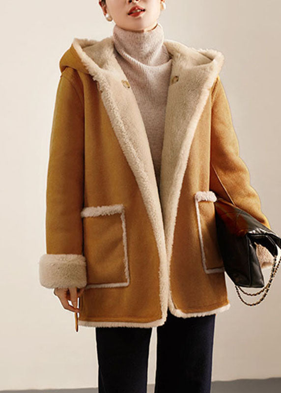 Camel Patchwork Sashes Warm Fleece Wooled Blended Hooded Coat Winter
