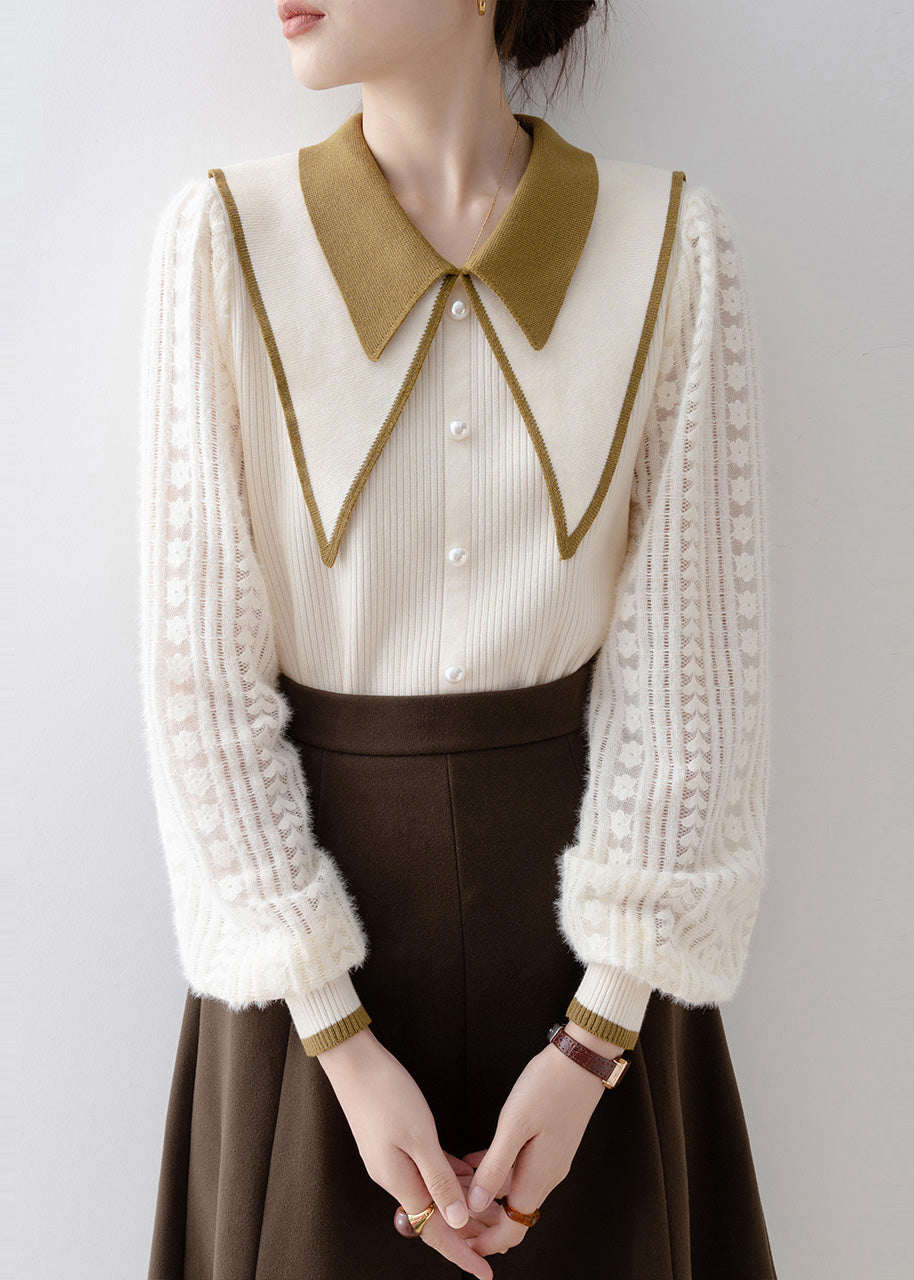 Diy Beige Double-layer Nail Bead Knit Sweater Winter