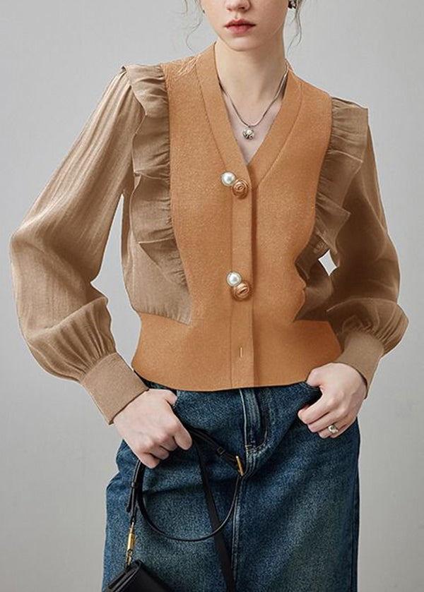 Khaki V Neck Ruffled Patchwork Silk Blouses Spring