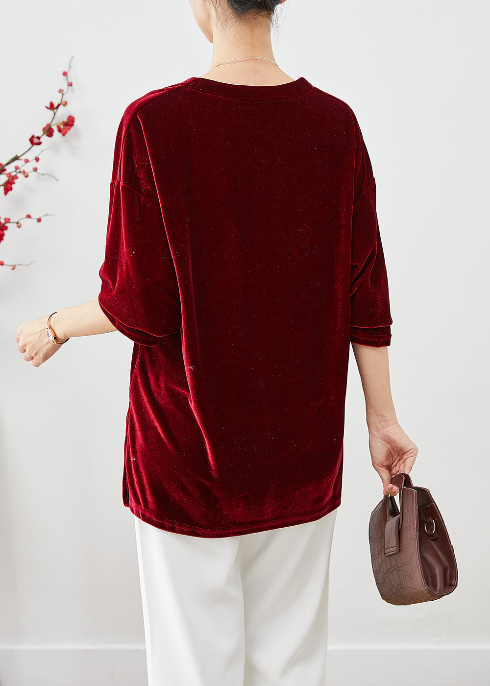 Mulberry V Neck Pocket Silk Velour Top Fall