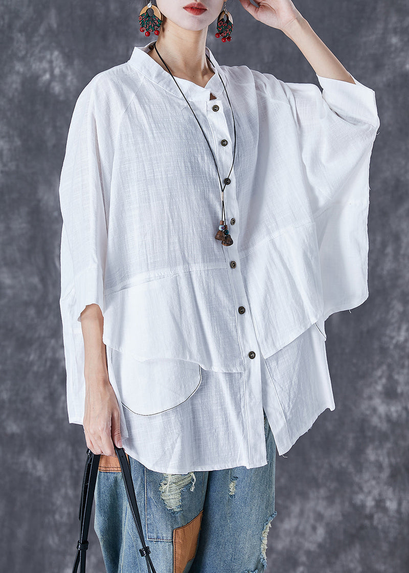 White Stand Collar Patchwork Linen Shirt Tops Batwing Sleeve