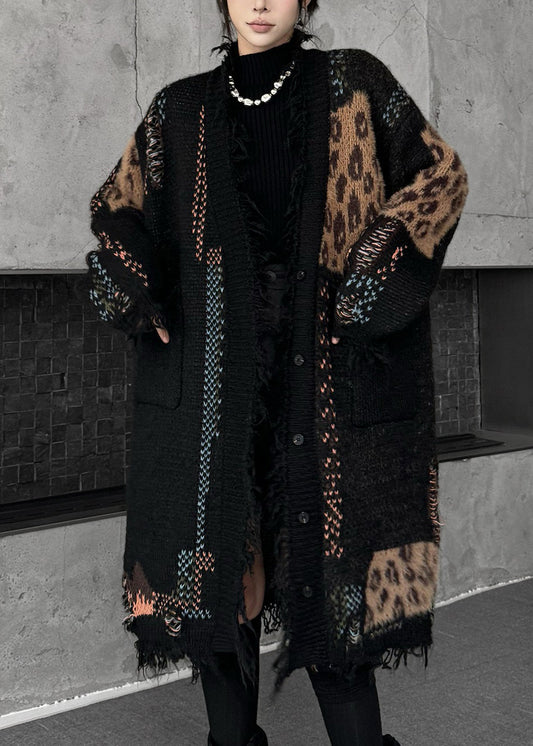 Black Print Patchwork Cotton Knit Cardigan Fall