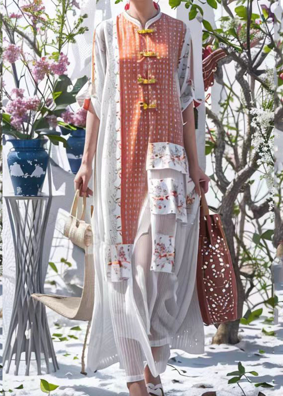 Classy White Stand Collar Asymmetrical Patchwork Silk Maxi Dress Long Sleeve
