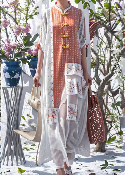 Classy White Stand Collar Asymmetrical Patchwork Silk Maxi Dress Long Sleeve