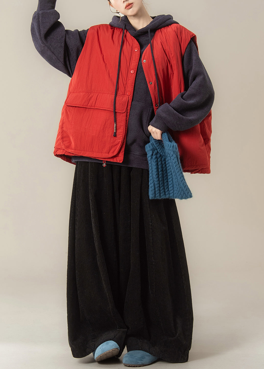 Red Pockets Drawstring Waistcoat and Black Wide Leg Pants Two-piece Set Sleeveless