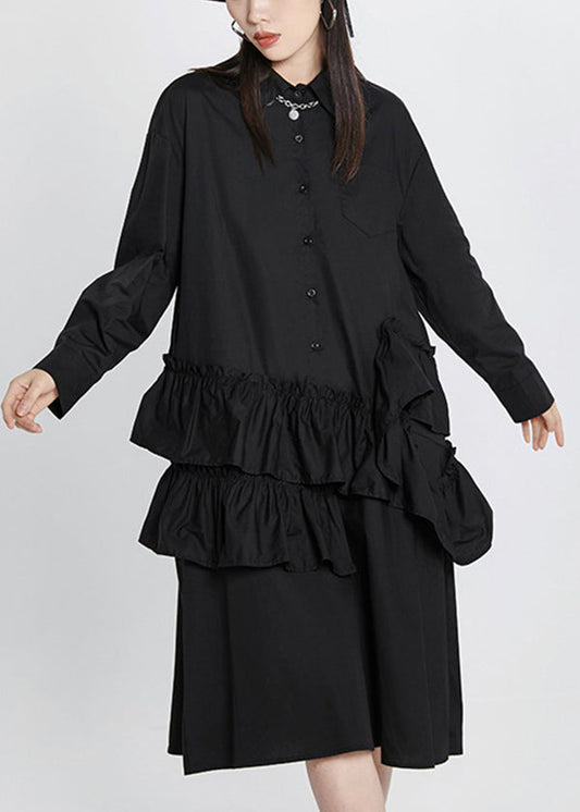 Black Peter Pan Collar Ruffles Patchwork Shirt Dress Long Sleeve