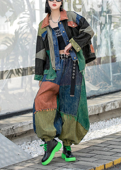 Vogue Colorblock Peter Pan Collar Button Patchwork Denim Coats and Harem Pants Two Pieces Set Long Sleeve